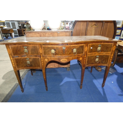 3454 - A 19th Century marquetry inlaid mahogany Serpentine front sideboard with 3 shallow and one deep draw... 