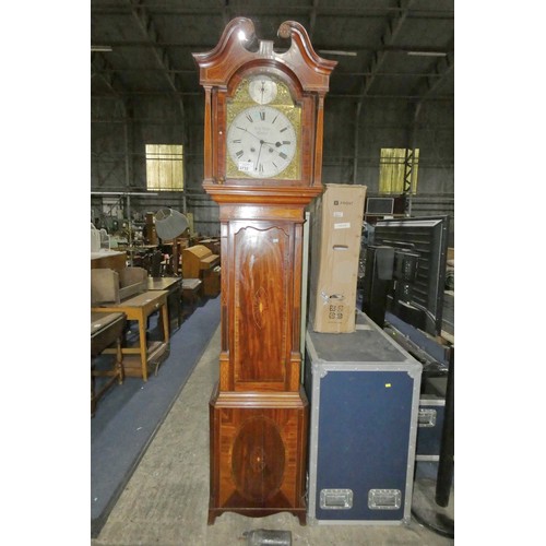 3732 - A 19th century marquetry inlaid mahogany cased grandfather clock with swan neck cresting and side co... 