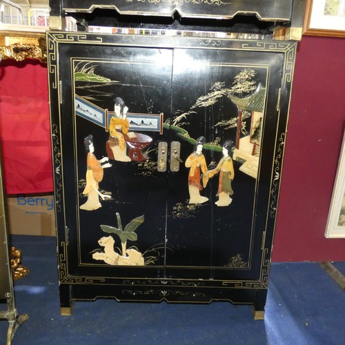 3425 - A pair of black lacquer chinoiserie style  night stand cabinets