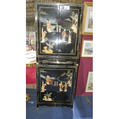 3425 - A pair of black lacquer chinoiserie style  night stand cabinets