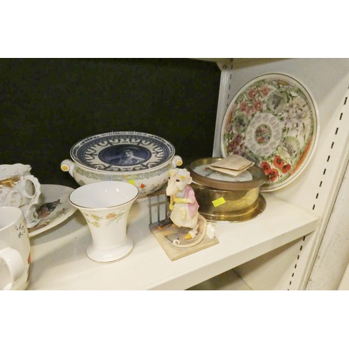 3029 - A quantity of miscellaneous decorative chinaware and a brass wall clock (one shelf)