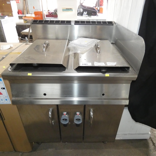 1101 - An industrial/commercial stainless steel gas fired twin basket deep fryer by Lotus, barely used - tr... 