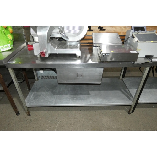 1194 - A commercial stainless steel catering type table with shelf and drawer beneath approx 153x61cm