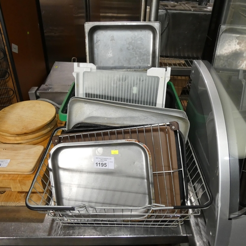 1195 - A quantity of various catering related items including baking trays, glass fridge shelves, Sony ster... 