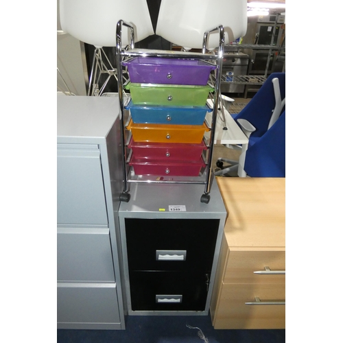 1349 - 1 x small metal wheeled frame with 6 x coloured plastic drawers and 1 x metal 2 drawer filing cabine... 