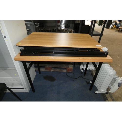 1358 - 3 x wood effect office tables with folding metal legs comprising 2 at 120 x 60cm and 1 at approx 100... 