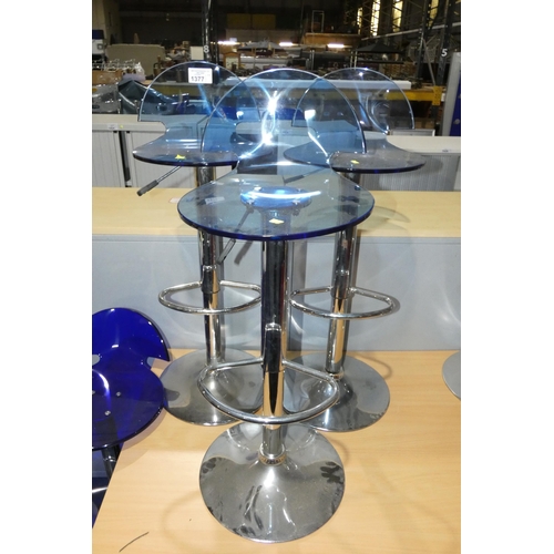 1377 - 3 x height adjustable stools with light blue plastic seats