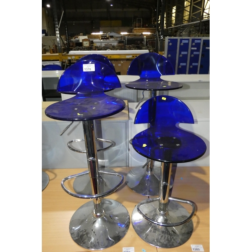 1378 - 3 x height adjustable stools with blue plastic seats