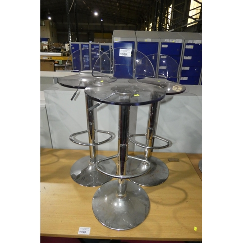 1380 - 3 x height adjustable stools with clear plastic seats