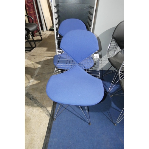 1434 - 2 x Eames style Bikini type chairs with blue upholstery and metal frames