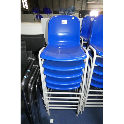 1441 - 5 x stacking metal framed chairs with blue plastic seats