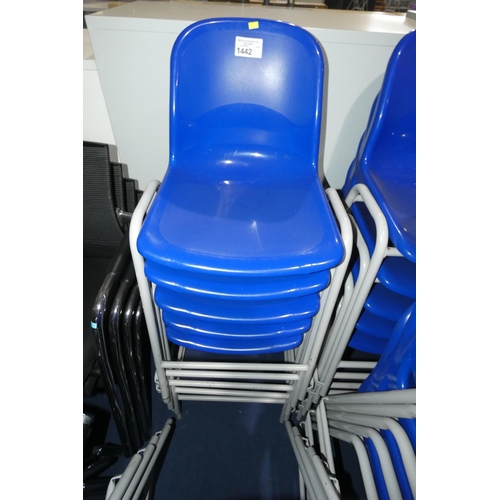 1442 - 5 x stacking metal framed chairs with blue plastic seats