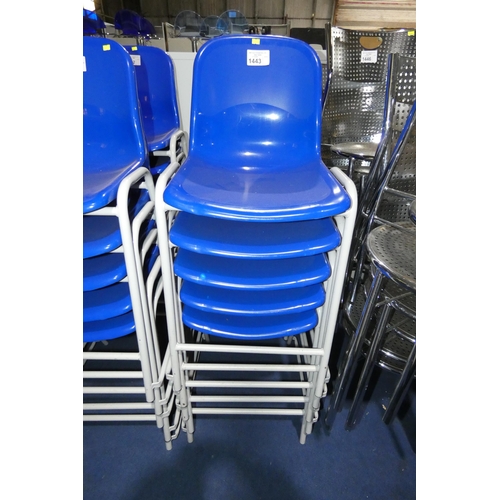 1443 - 5 x stacking metal framed chairs with blue plastic seats