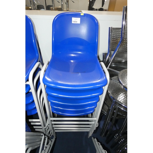 1444 - 5 x stacking metal framed chairs with blue plastic seats