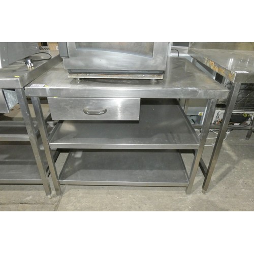 1190 - A commercial stainless steel catering type table with shelves and drawer beneath approx 105x85cm