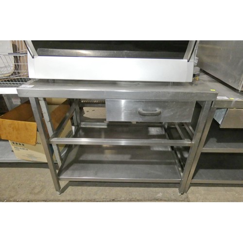 1191 - A commercial stainless steel catering type table with shelf and drawer beneath approx 105x86cm