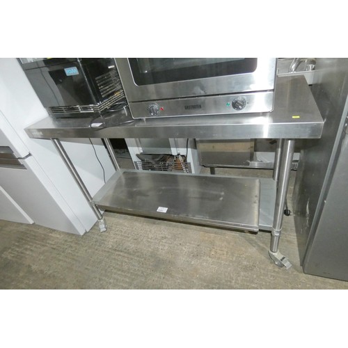 1240 - A commercial stainless steel mobile catering type table with shelf beneath, by Vogue approx 150x60