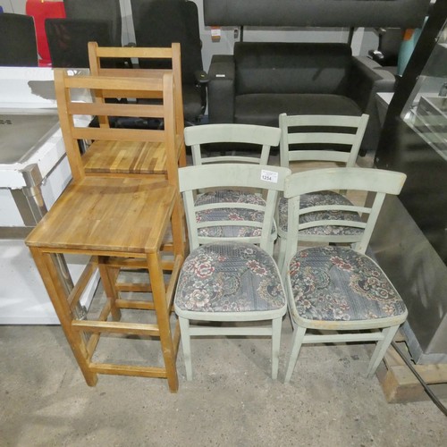 1254 - 4 similar wooden chairs with patterned upholstered seats & 2 tall wooden stools