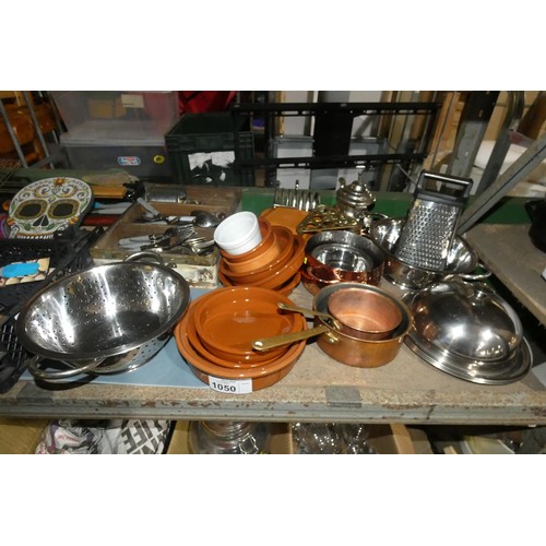 1050 - A quantity of various catering related items including stoneware, copper pots, utensils etc. Content... 