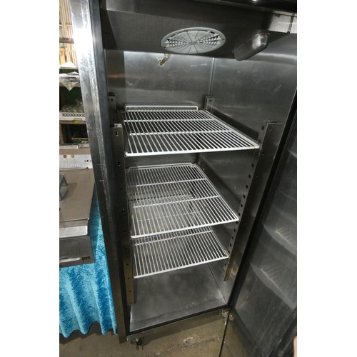 1105 - A commercial stainless steel tall single door fridge by Velera - trade. Tested Working