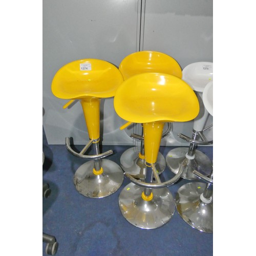 1374 - 3 x height adjustable stools with yellow plastic seats