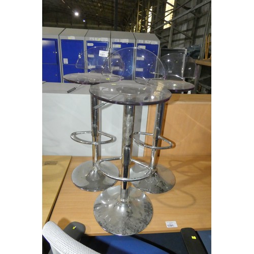 1381 - 3 x height adjustable stools with clear plastic seats