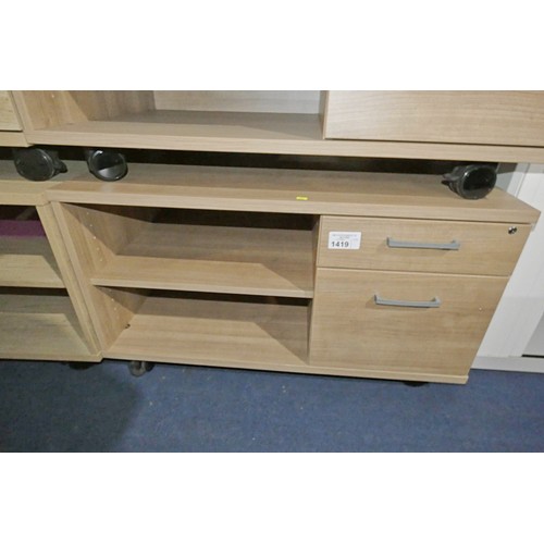 1419 - 1 x low mobile wood effect office storage unit  approx 60cm d x 100 cm w x 57cm high