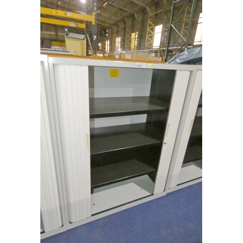 1421 - 1 x light grey / white metal front opening tambour cabinet approx 47cm d x 100cm x 130cm high