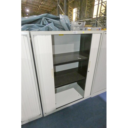 1423 - 1 x light grey / white metal front opening tambour cabinet approx 47cm d x 100cm w x 130cm high