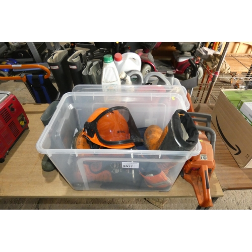 2037 - 1 x Husqvarna 136 petrol engine chainsaw, a quantity of various chainsaw clothing (boots, helmet, tr... 