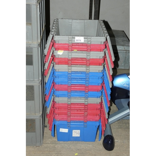 2078 - 14 x plastic stacking boxes with interlocking fold over lids each approx 39 x 56 x 24cm high (mixtur... 