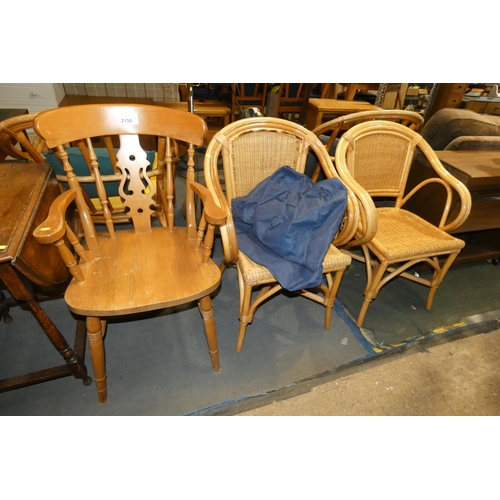 2130 - 1 x Pine dining chair with arms and 2 x conservatory chairs