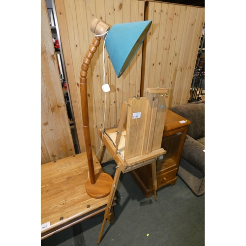 2147 - 1 x artists wooden folding easel / art box with paint tubes and 1 x Pine floor standing lamp with sh... 