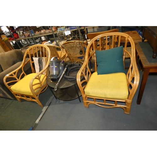 2150 - 2 x conservatory type chairs, 1 x round glass topped coffee table diameter approx 75cm, 1 x Bush vac... 