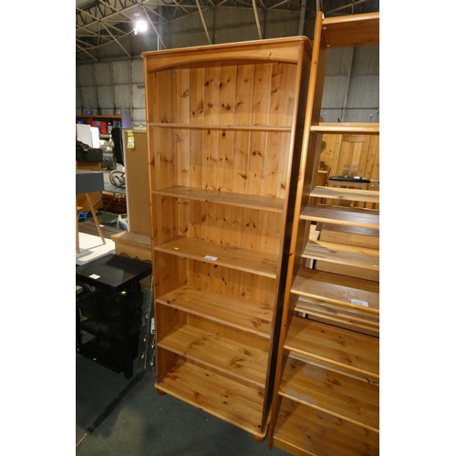 2214 - 2 x Pine open front shelf units each approx 75cm wide x 190cm high