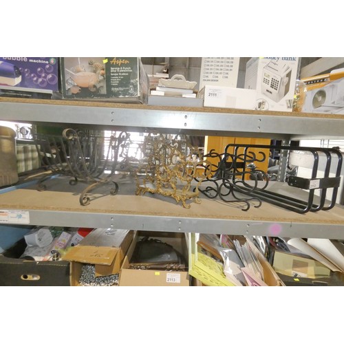 2112 - 2 x metal magazine type stands, 1 x metal bottle rack and 1 other metal item (towel rail?). Contents... 