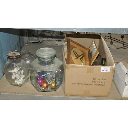 2114 - A quantity of various household items including glass jars, framed butterflys etc.