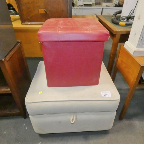 2127 - 1 x cream upholstered foot stool with hinged top and 1 x burgundy cube stool with lift off top