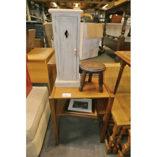 2128 - A small white painted single door pine cabinet, a small wooden side table, a small dark wood three l... 