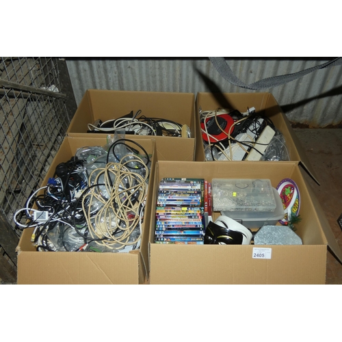 2405 - A quantity of various items including a jewellery making kit, DVDs, cables etc, contents of 1/2 a sh... 