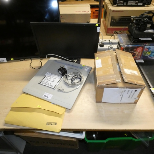 2568 - A Wacom oversized A4 drawing board, a Wacom pen partner, 4 external hard drives and an Acer pc monit... 