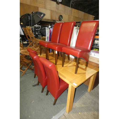 2228 - 6 x burgundy upholstered high back dining chairs. Please note that one has a repair to the seat