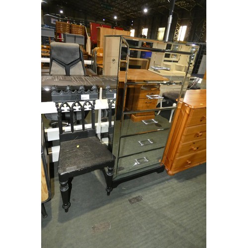 2171 - 1 x black painted wooden chapel type chair and 1 x chest of five drawers in mirrored glass finish. P... 