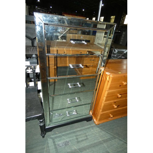 2171 - 1 x black painted wooden chapel type chair and 1 x chest of five drawers in mirrored glass finish. P... 