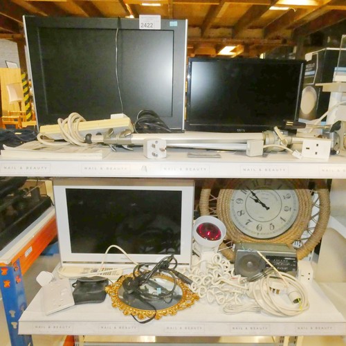 2422 - A quantity of various items including 3 x small TVs, clock, tripod, mirror etc, contents of 1 shelf ... 