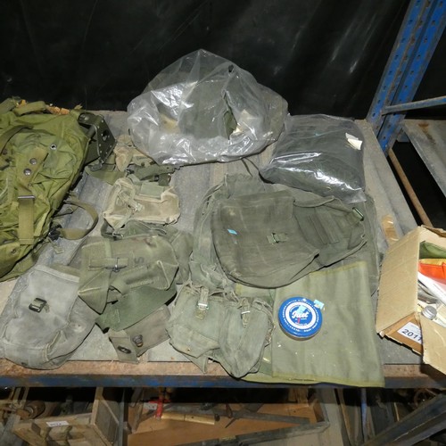 2011 - A quantity of various ex-military items including a sleeping bag, webbing, a ruck sack, survival ite... 