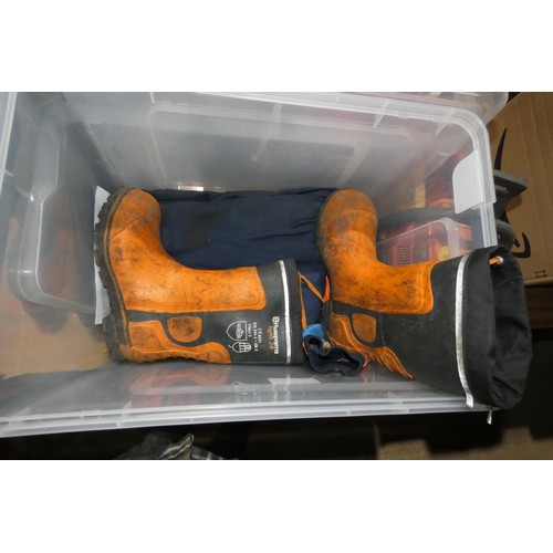 2037 - 1 x Husqvarna 136 petrol engine chainsaw, a quantity of various chainsaw clothing (boots, helmet, tr... 