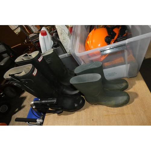 2037 - 1 x Husqvarna 136 petrol engine chainsaw, a quantity of various chainsaw clothing (boots, helmet, tr... 