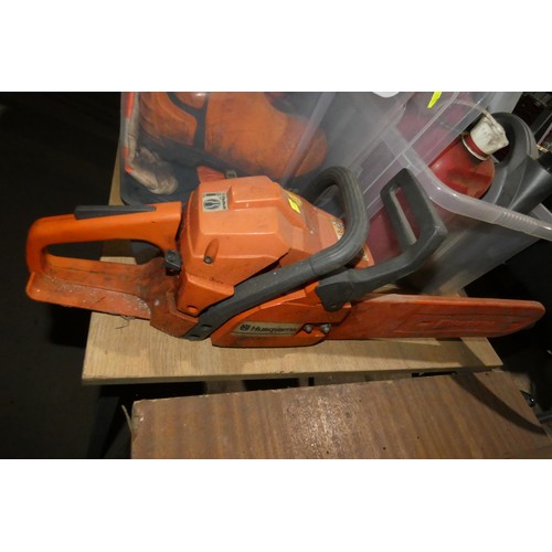 2037 - 1 x Husqvarna 136 petrol engine chainsaw, a quantity of various chainsaw clothing (boots, helmet, tr... 