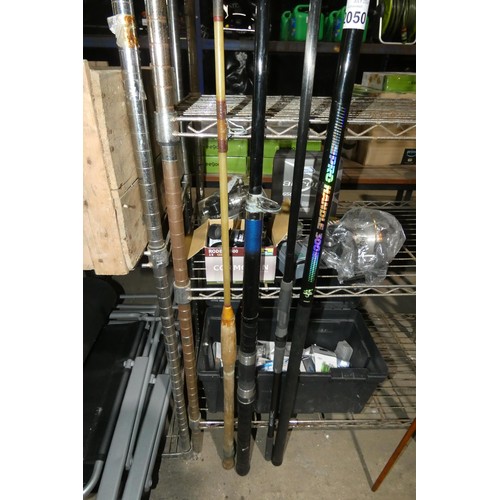 2050 - A quantity of various fishing related items including 1 x Pro Handle 300, 3 x rods, 1 x Jarvis Walke... 